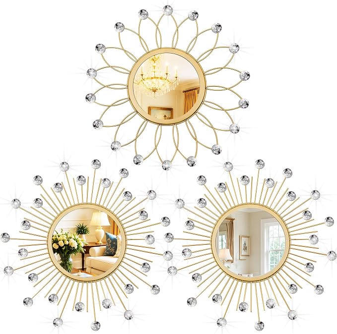 3 Pack Metal Mirrors for Wall Sunburst Wall Mirrors Home Décor Decorative Hanging Wall Art for Living Room Bedroom Entryway (Gold Crystal, Flower+Sunburst) by Uaussi