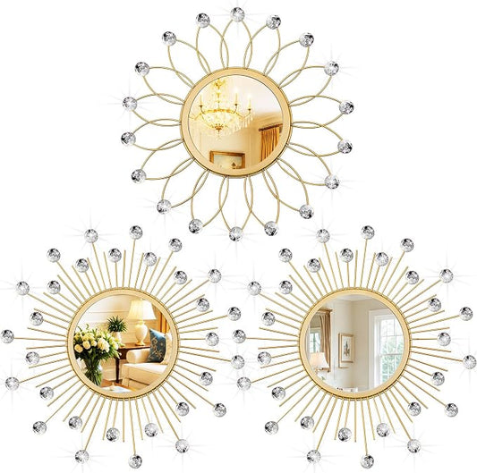 3 Pack Metal Mirrors for Wall Sunburst Wall Mirrors Home Décor Decorative Hanging Wall Art for Living Room Bedroom Entryway (Gold Crystal, Flower+Sunburst) by Uaussi