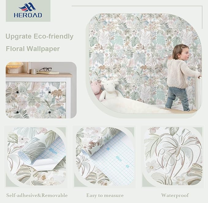 Heroad Tropical Peel and Stick Wallpaper Botanical Stick on Wall Paper 17.3''x393'' Watercolor Floral Contact Paper Removable Self-Adhesive Wallpaper for Bedroom Cabinets Renter Friendly Decor Vinyl - Image 3