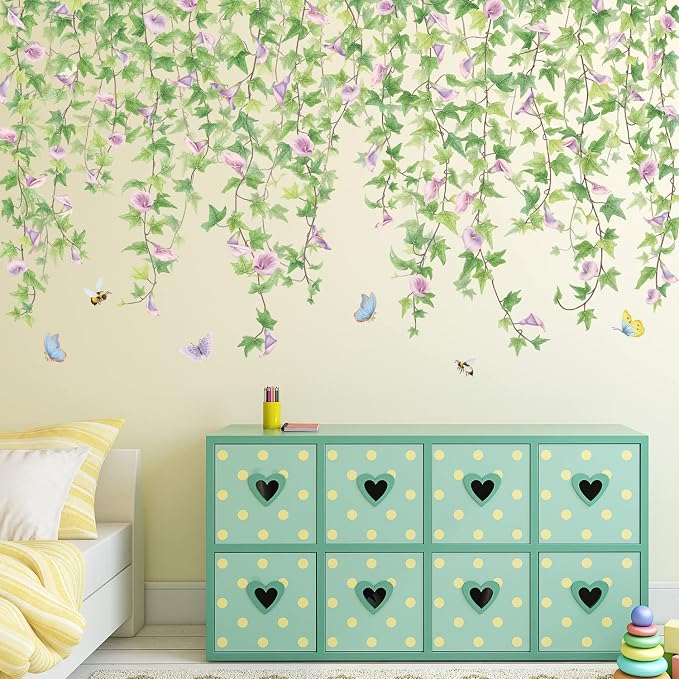 2 PCS Morning Glories Vine Wall Decals Purple Flowers Wall Stickers Green Leaves Wall Decal DIY Removable Butterfly Bee Art Murals Wallpaper for Girls Bedroom Living Room Offices Classroom Home Decor - Image 4