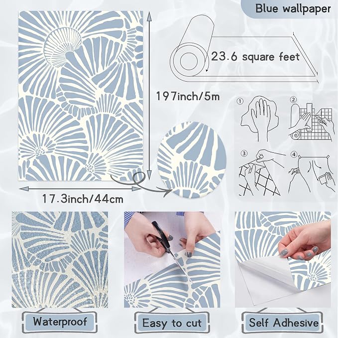 Theper White and Blue Wallpaper Peel and Stick Wallpaper Modern 17.3"×197" | Boho Wall Paper Self Adhesive Removable Wallpapers for Bedroom Blue Contact Paper for Cabinets Drawers Shelf Home Decor Vinyl - Image 3