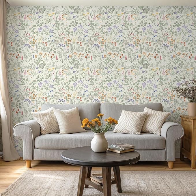 Dimoon Floral Wallpaper Peel and Stick Floral Leaves Contact Paper Beige Green Renter Friendly Wallpaper Removable Textured Farmhouse Cottage Wall Paper for Bathroom Bedroom Vinyl Roll 17.3" X 78.7" - Image 8