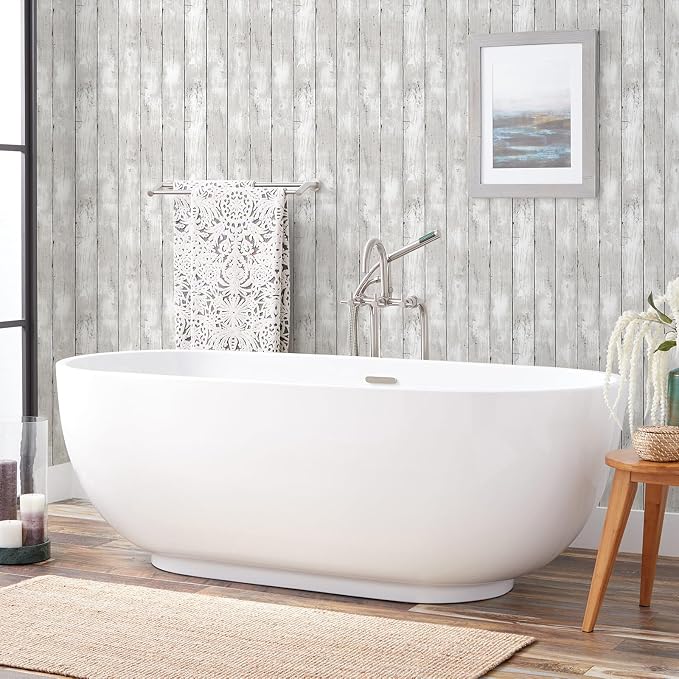 Peel and Stick Wallpaper 17.3" X 400" Vintage White Gray Wood Shiplap Wallpaper Peel and Stick Contact Paper Rustic Removable Self Adhesive Wood Wall Paper for Bedroom Bathroom Cabinets - Image 9