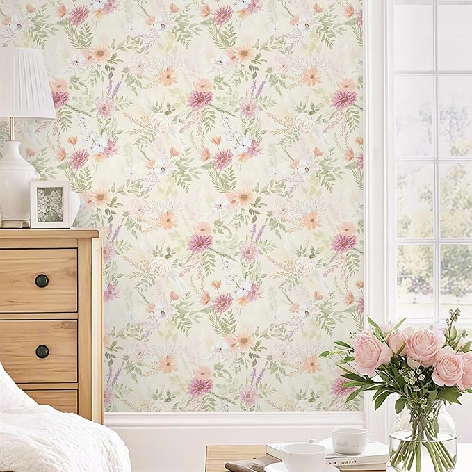 Dimoon Floral Peel and Stick Wallpaper Beige Boho Neutral Cottage Contact Paper Bathroom Cabinets Farmhouse Renter Friendly Removable Waterproof Kitchen Vinyl 386"x17.3" by DIYYOURMOON