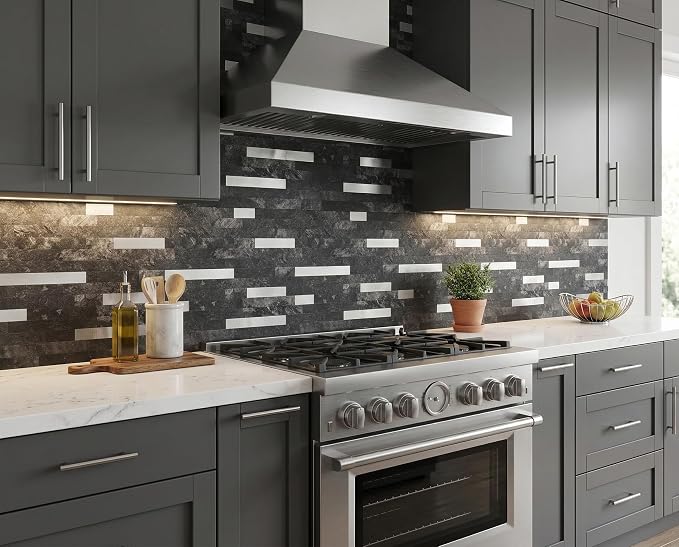 Yipscazo 20 Sheets Peel and Stick Stone Metal Tile Backsplash, Stick on Tiles for Backsplash Kitchen, Bathroom, Laundry Room, Camper, Fireplace (12'' X 12'', Dark Black) - Image 2
