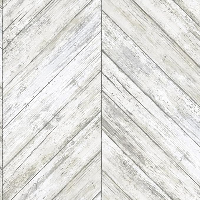 RoomMates White Herringbone Wood Boards Peel and Stick Wallpaper, 20.5 in x 16.5 ft, Vinyl, White/Tan, Removable, No Sticky Residue, For Renters and Homeowners by RoomMates