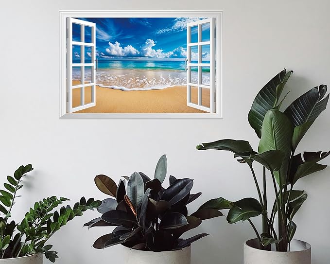 FLFK Fake Window Wall Decal - Ocean Beach Faux Window Wall Mural for Wall Decor, Peel and Stick Wall Sticker,24"x16" - Image 5