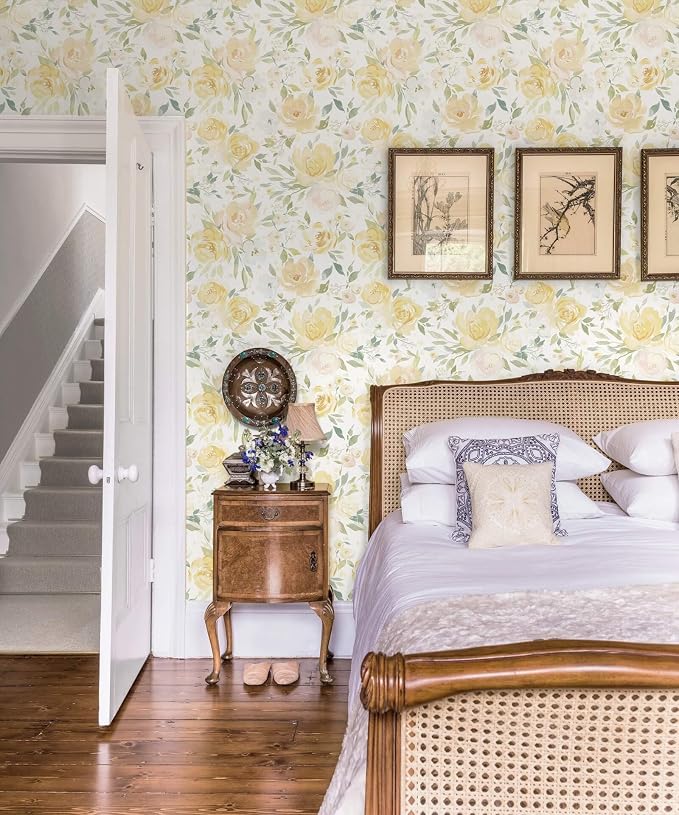 Heroad Yellow Peel and Stick Wallpaper Floral Contact Paper 17.3''x196'' Large Flower Wallpaper Watercolor Removable Self-Adhesive Wall Paper for Cabinets Bedroom Bathroom Waterproof Stick on Walls - Image 3