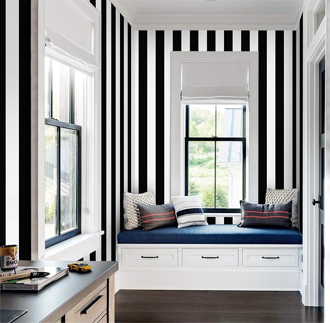 Guvana 472.4"x17.7" Striped Peel and Stick Wallpaper Black and White Self-Adhesive Wallpaper Removable Contact Paper Waterproof Wall Paper for Livingroom Cabinets Shelves Drawer Liner Decor Vinyl Roll - Image 4