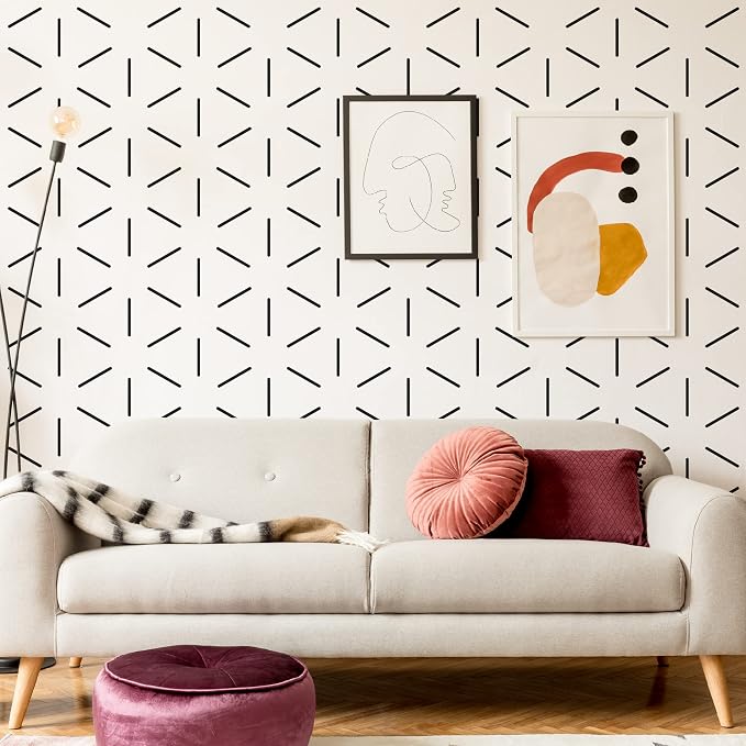 Hexagon Black Wall Decals with a Template, Modern Geometric Décor | 360 matte black vinyl lines with guide for a crisp geometric look. Peel and stick for bedroom, bathroom, living room, office. by SHYJSHYJINSPIRED-PEELSTICK