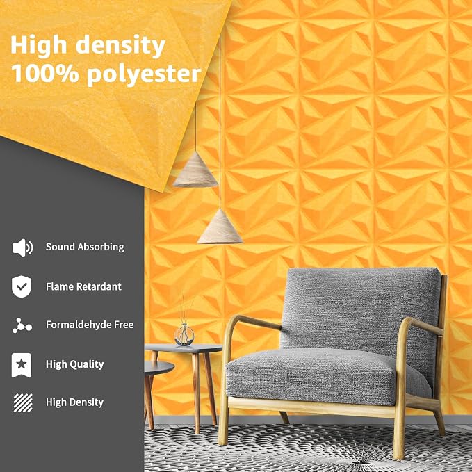 Art3dwallpanels Acoustic Panels, Yellow, 12" X 12", 20 Pack | 20 Pack, Soundproof Wall Panels, Sound Dampening Panels, 3D Wall Panels, Sound Absorbing Panels, Without Tape - Image 4