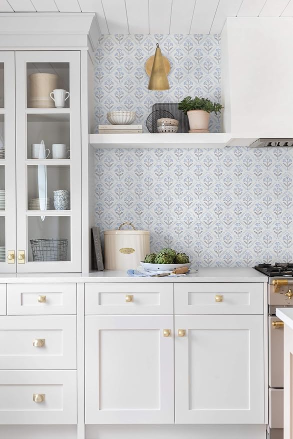 Dimoon Blue Peel and Stick Wallpaper Retro Floral Contact Paper Vintage Boho Cute Wallpaper Renter Friendly Removable Geometric Wall Paper for Bathroom Kitchen Textured Vinyl 17.3''x197'' - Image 9