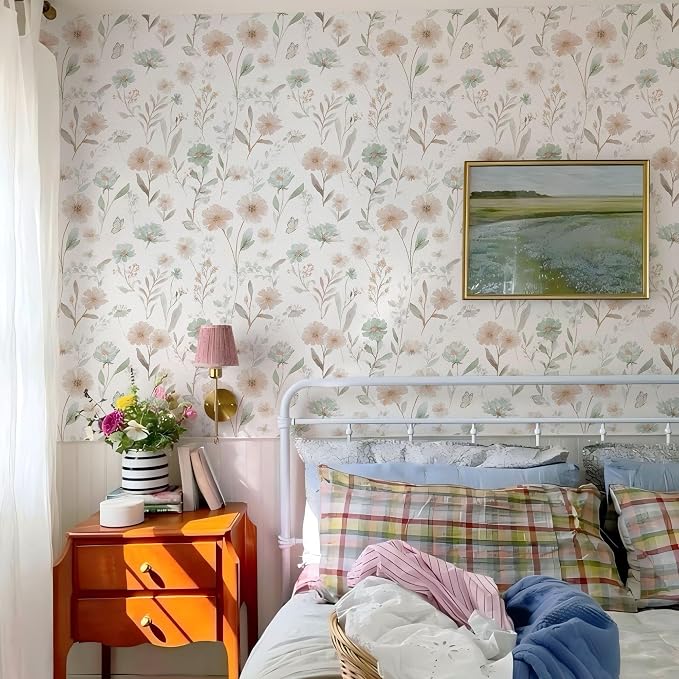 Ismoon Floral Peel and Stick Wallpaper Boho Wallpaper 17.3in x 16.4ft Pink and Green Contact Paper Watercolor Flower Removable Wall Paper for Bedroom Nursery Kitchen Girls Room Vinyl - Image 3