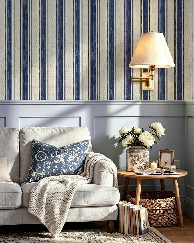 Safiyya Wallpaper Peel and Stick Blue and Cream White Hand-Painted Striped Contact Paper Vintage Wall Paper Self Adhesive Removable Wallpaper for Bedroom Bathroom Vinyl 17.3"×78.7" - Image 8