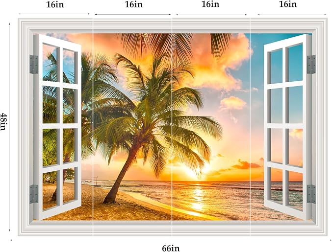 Fake Window Wall Decal- Summer Beach Ocean Coconut Trees Open Art Sticker | Faux Window Natural Scenery Landscape Mural ｜ Stick and Peel Wall Decals｜Room Bedroom Office Decor｜Large Murals 66"x48" - Image 2