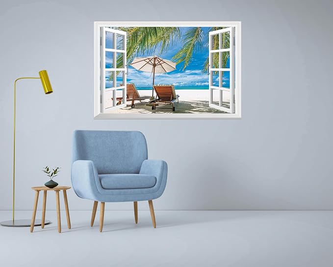 FLFK Fake Window Wall Mural - Ocean Beach Faux Window Wall Sticker for Wall Decor, Peel and Stick Wall Decals,48"x32",Set of 2 Sheets - Image 4