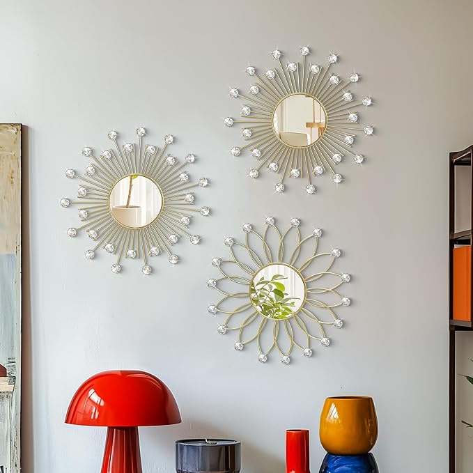 3 Pack Metal Mirrors for Wall Sunburst Wall Mirrors Home Décor Decorative Hanging Wall Art for Living Room Bedroom Entryway (Gold2 Crystal, Flower+Sunburst) - Image 6