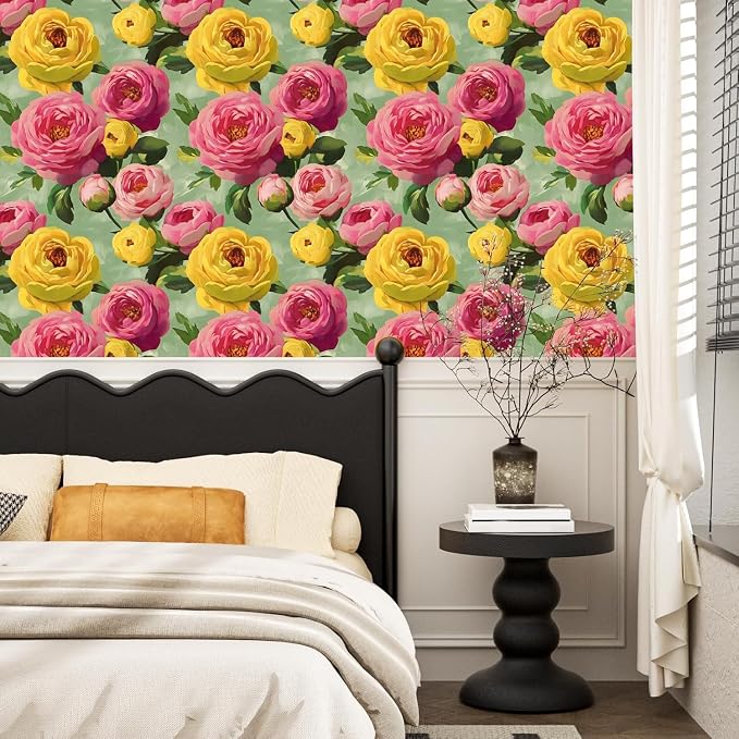 BOKEBEVE Floral Wallpaper Peel and Stick Boho Pink Green 17.5 x 393.7In | Extra Long Removable Renter Friendly Colorful Watercolor Wall Paper for Bedroom Bathroom Living Room Feature Accent Wall - Image 2
