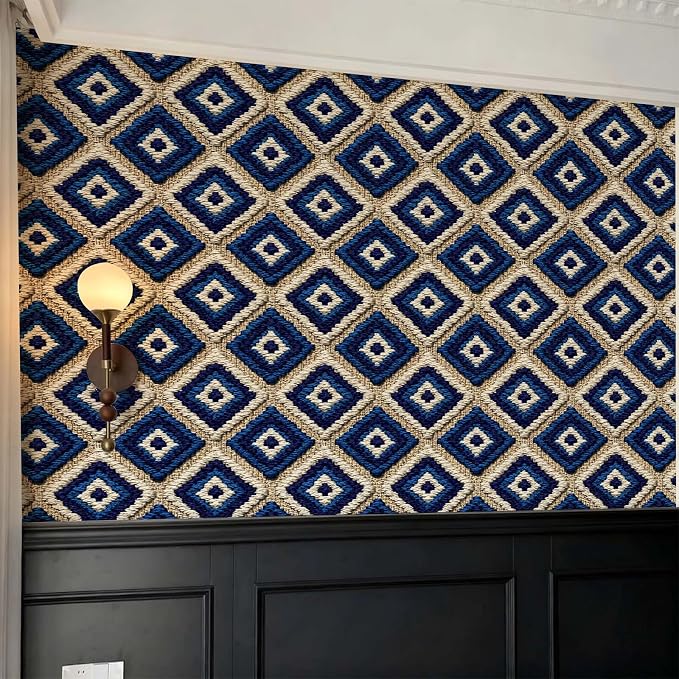 Stickorama Boho Tufted Textured Geometric Fabric Peel and Stick Wallpaper Self Adhesive 17.72" x 236.21'' Navy Blue Rhombus Wall Paper Renter Friendly Removable Waterproof for Living Room Bedroom - Image 8