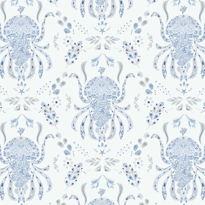 Dimoon Blue Peel and Stick Wallpaper Coastal Contact Paper Bathroom Ocean Beach Wallpaper Boho Jellyfish Renter Friendly Nautical Waterproof for Nursery Kitchen Bedroom Vinyl 17.3''x197'' by DIYYOURMOON