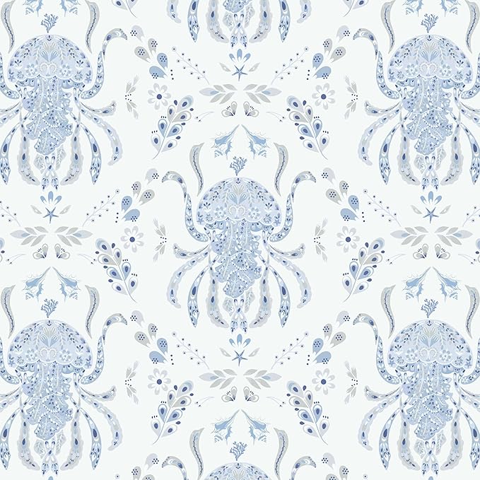 Dimoon Blue Peel and Stick Wallpaper Coastal Contact Paper Bathroom Ocean Beach Wallpaper Boho Jellyfish Renter Friendly Nautical Waterproof for Nursery Kitchen Bedroom Vinyl 17.3''x384'' by DIYYOURMOON