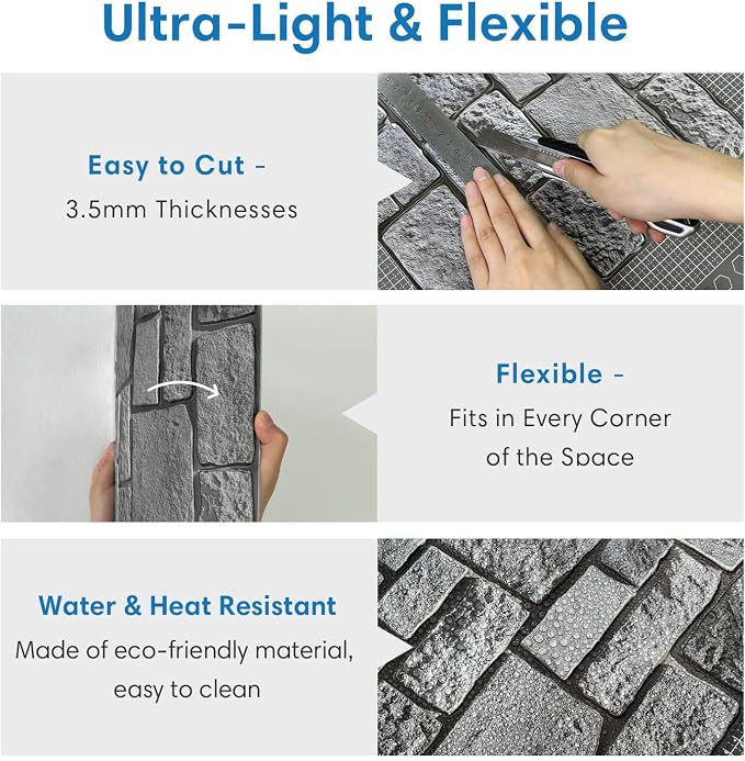 COMSTICKC 3D Faux Stone Wall Panels Peel and Stick, 10 Pcs 11.8" x 11.8" | Gray, Not Real Stone, Ultra-Light Thin PVC 3D Fake Rock Wall Sticker Covering for Easy DIY Interior Decor, Cover 9.7 sq ft - Image 4