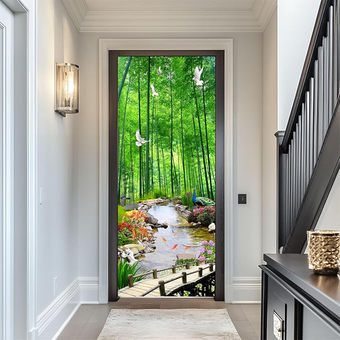 artfanke 3D Door Sticker Peel and Stick 30.3"x78.7"-Self-Adhesive Door Wallpaper Mural Decal-Green Bamboo Forest Doves Wall Poster for Bedroom Home Office Decor (2 Sheets/Set) by artfanke