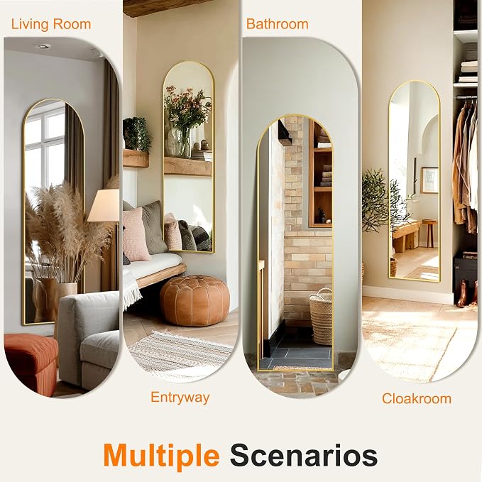 Arched Full Length Mirror, 56"x15" Standing Body Mirror for Wall, Gold - Image 6