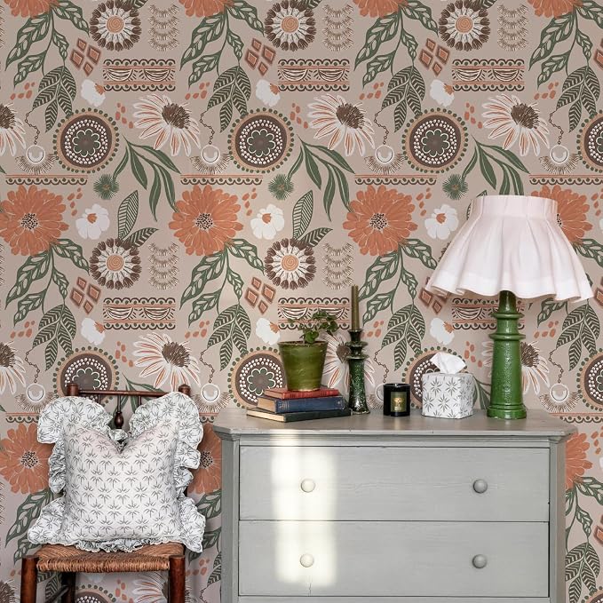 Simon&Siff Boho Sun Floral Retro Peel and Stick Wallpaper 17.3" x 1200" | Removable Waterproof Self Adhesive Contact Paper, Renter Friendly for Cabinets, Furniture, Bedroom, Bathroom, DIY Decor - Image 4