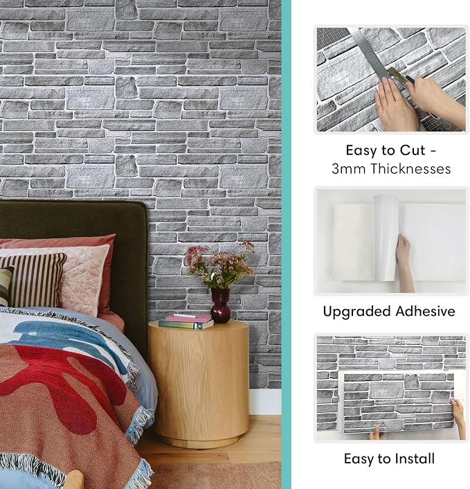 Commomy Faux Stone 3D Wall Panels Peel and Stick - 12 pcs 22.8" x 11.8" | Thin & Urltra PVC Fake Stone Textured Wall Panels for Interior Tile Bedroom,Living Room,TV Background (Covers 22.48 sq.ft) - Image 6