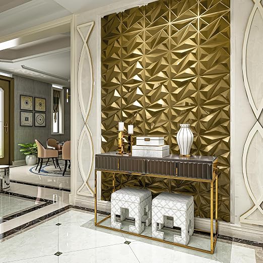 Art3dwallpanels 33 Pack 3D Wall Panel Diamond for Interior Wall Décor, PVC Textured Wall Panels, 12''x12'' Cover 32.Sq.Ft. Golden - Image 3