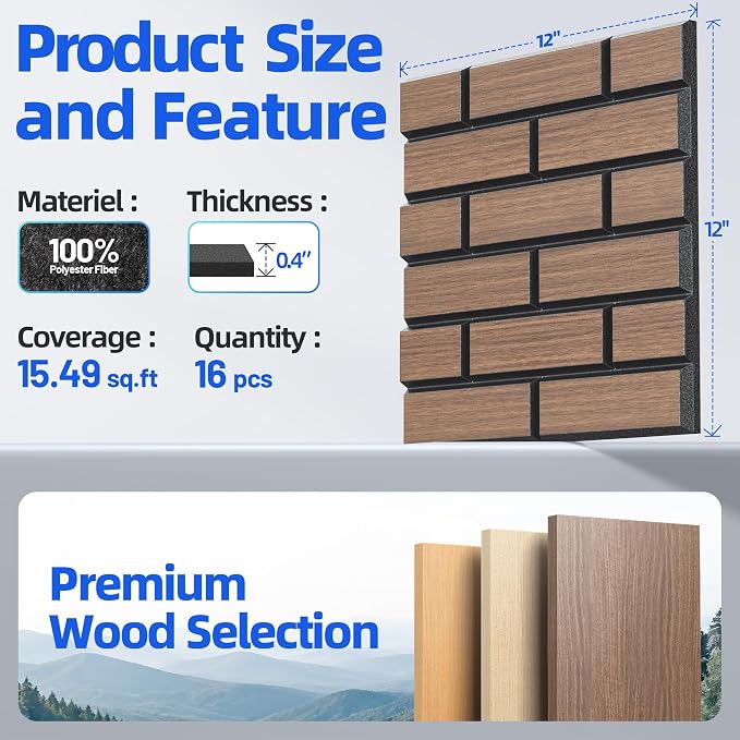 Self-Adhesive Acoustic Panels High Density Sound Proof Foam Panels for Wall | 16 Pack Brick Soundproof Wall Panels, 12" x 12" x 0.4" Sound Dampening Absorbing Panels for Home Studio Decor Office -Walnut - Image 5