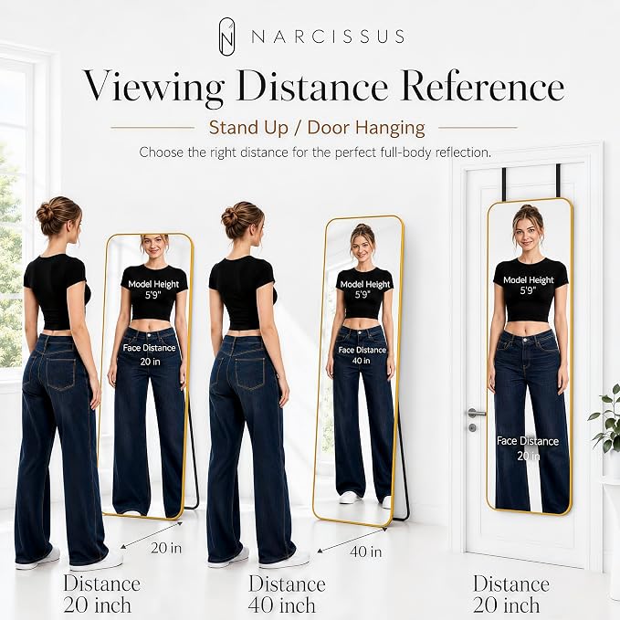 NARCISSUS Full Length Mirror 57x20 Inch, Over The Door Mirror with Stand, Wall Mounted or Freestanding/Door Hanging Full Body, Aluminum Alloy Frame, Gold - Image 6