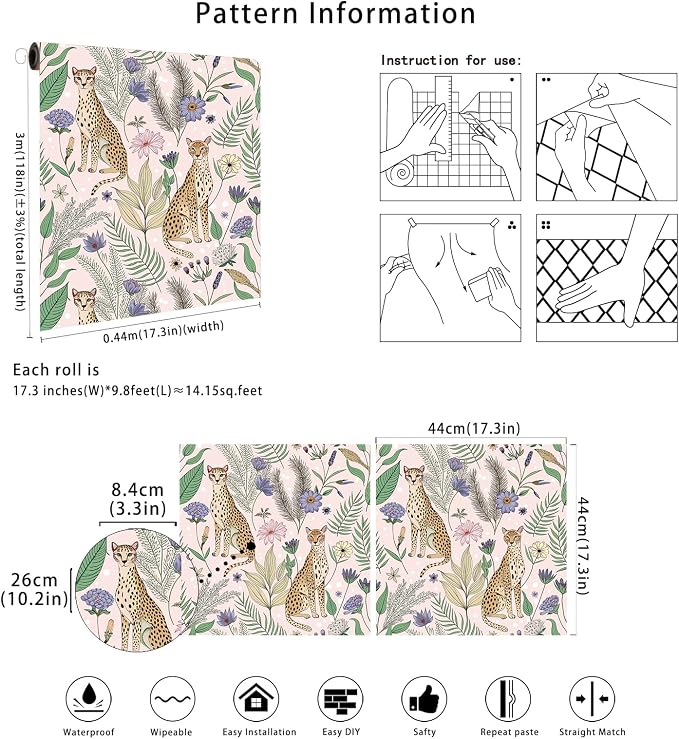 Floralplus Wallpaper Peel and Stick Vintage Pink Floral Wallpaper | Renter Friendly, Removable, Self Adhesive, Jungle Leopard Wallpaper, Textured Contact Paper for Nursery, 17.5 x 118 in - Image 8