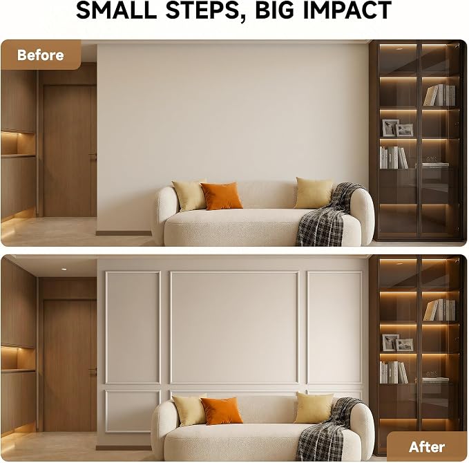 INMOZATA Pre-Cut Peel and Stick Wall Molding Wainscoting Panels 87"x134" | Strong Adhesive, Paintable, Large Area, Easy to Install, Ideal for Interior Wall Decor Living Room Bedroom Hallway - Image 6