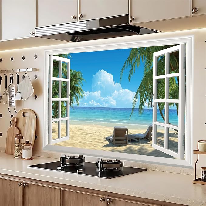 Fake Window Wall Mural Summer Blue Sky White Beach (64"x48") | Peel and Stick Faux Window Wall Sticker Decal Poster for Bedroom Home Decor - Image 3