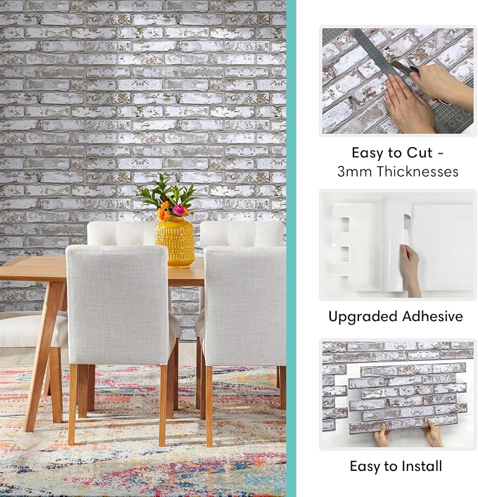 Commomy Faux Brick 3D Wall Panels - Not Real Brick 12 pcs of 22.8" x 11.8" | 22.8" x 11.8" Peel and Stick Tile Whitewash Brick Textured for Kitchen,Bedroom, Living Room（Covers 22.48 sq.ft） - Image 5