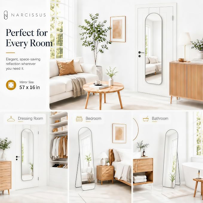 NARCISSUS Full Length Mirror 57x16 Inch, Over The Door Mirror with Stand, Wall Mounted or Freestanding/Door Hanging Full Body, Aluminum Alloy Frame, Silver - Image 4