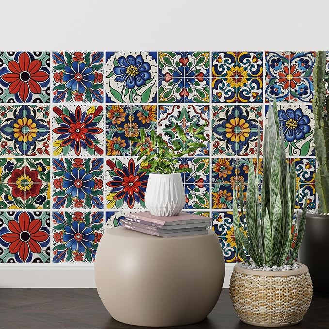 30 Pcs Mediterranean Style Peel and Stick Wall Tile Decals - Waterproof Vinyl Stickers for Kitchen Backsplash, Bathroom, Stair Riser Decor - Spanish Floral Pattern - 4x4 Inch - Image 4