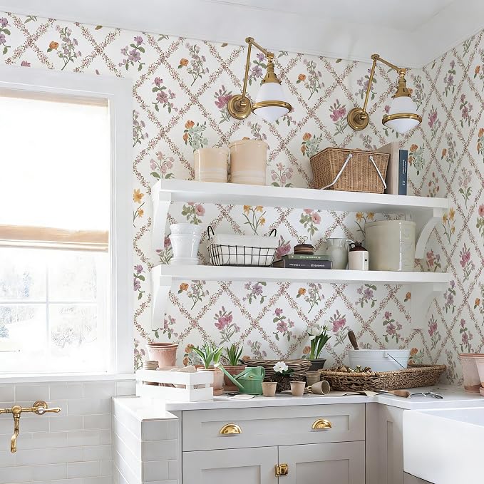 16.9 in x197 in Red Floral Peel and Stick Wallpaper Watercolor Floral | Boho Self Adhesive Wallpaper Modern Trellis Contact Paper DIY Removable Wallpaper for Bedroom Cabinets Drawers Decor Vinyl - Image 3