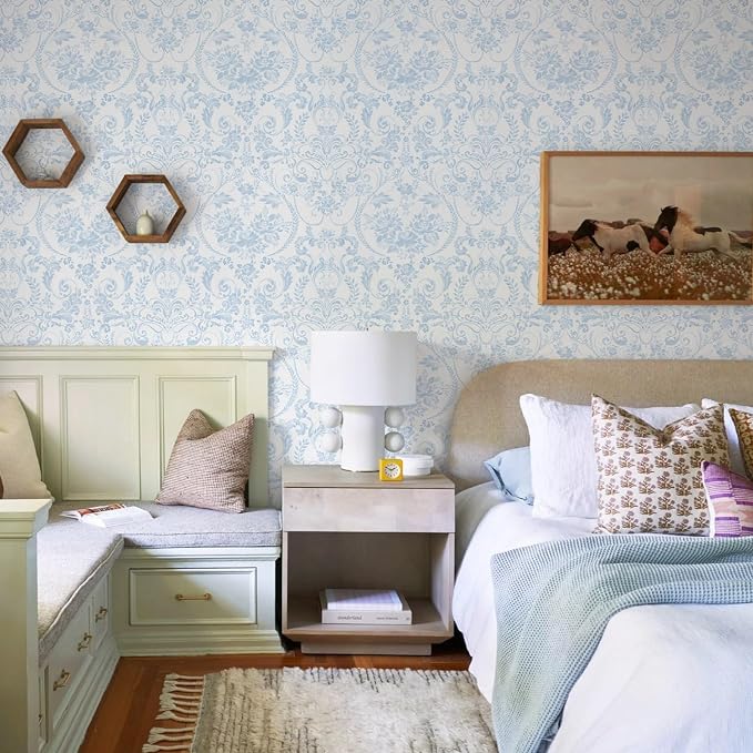 Ismoon Blue and White Wallpaper Floral Peel and Stick Wallpaper 17.3in x 16.4ft Vintage Damask Blue Contact Paper Boho Removable Watercolor Wall Paper for Bedroom Bthroom Kitchen Décor Vinyl - Image 8