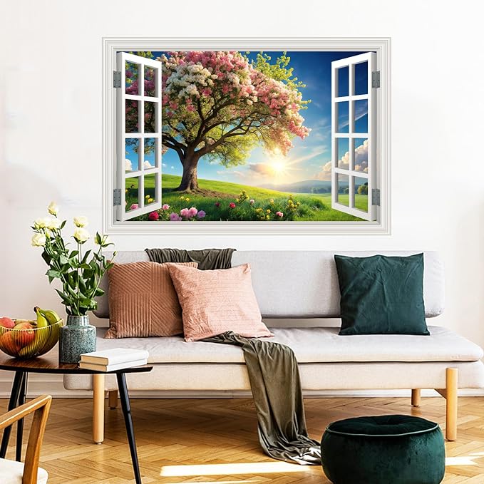 Fake Window Wall Mural Green Flowers Tree Art Poster Faux Window Wall Sticker for Office Home Room Decor, Peel and Stick Wall Decals 48" x 32" Set of 2 Sheets - Image 5