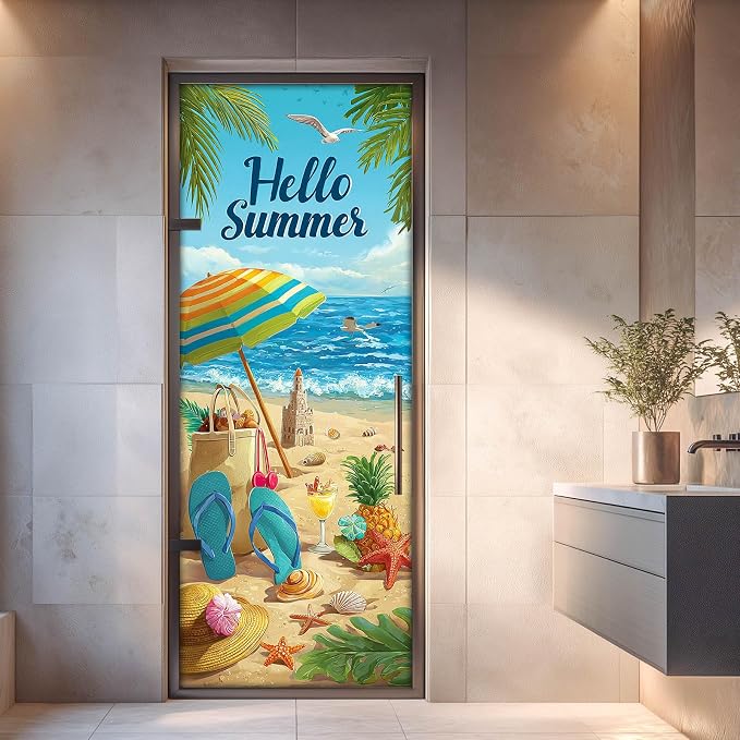 HOMETITUTE Summer Wave Umbrella Beach Path Peel Stick Door 30.3x78.7 PVC | Wall Cover Poster Decals Removable Wallpaper Self Adhesive Livingroom Bedroom - Hello Summer - Image 4