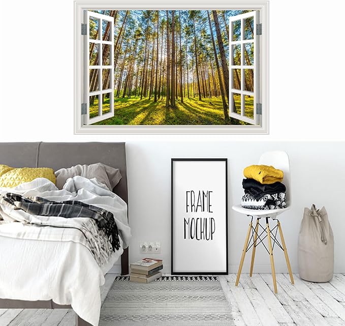 Fake Window Wall Decal- Morning Sunlight in The Forest Open Wall Sticker | Faux Window Natural Scenery Landscape Mural｜ Stick and Peel Decals｜for Home Room Bedroom Office Scene Picture Decor｜24"x16" - Image 9