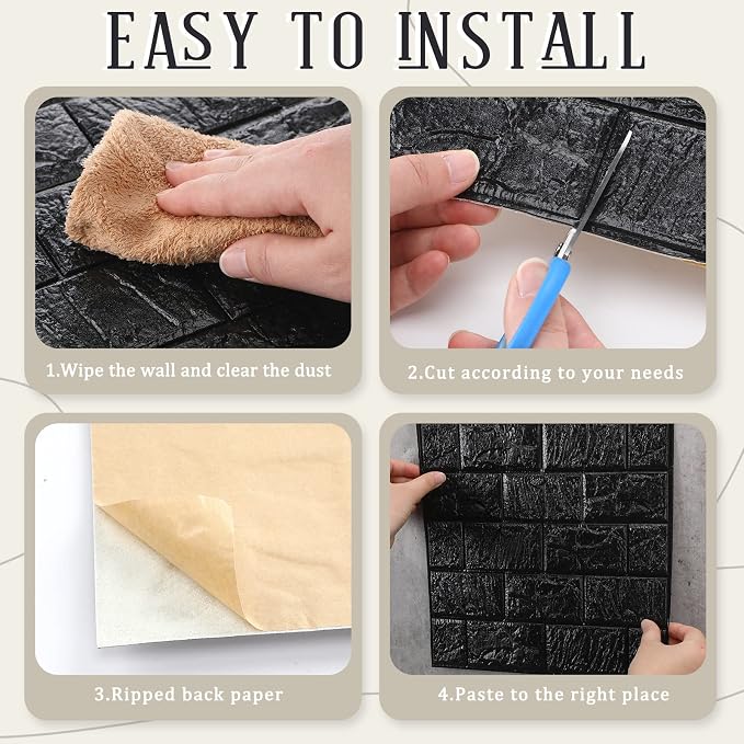 Colarr 60 Pcs 58 Sq ft 3D Wall Panels Peel and Stick Faux Foam 3D Brick Wallpaper Faux Paneling Adhesive Wall Covering Panels Decorative Medieval Tiles Waterproof for Bedroom(Black) - Image 5