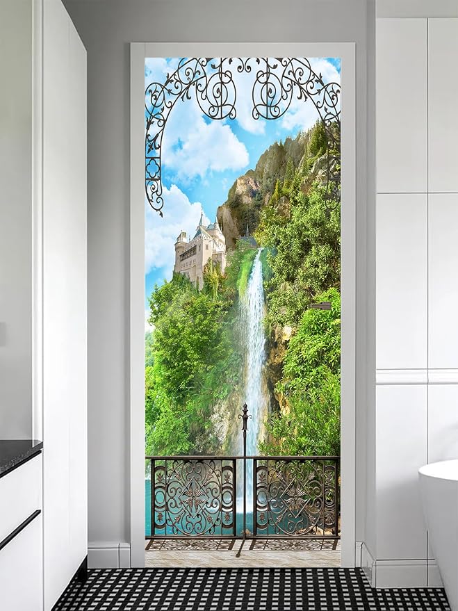 artfanke 3D Door Sticker Peel and Stick 33.5"x84.6" - Castle with Waterfall Self-Adhesive Door Murals Wallpaper Decal for Home Decor (2 Sheets/Set) - Image 9