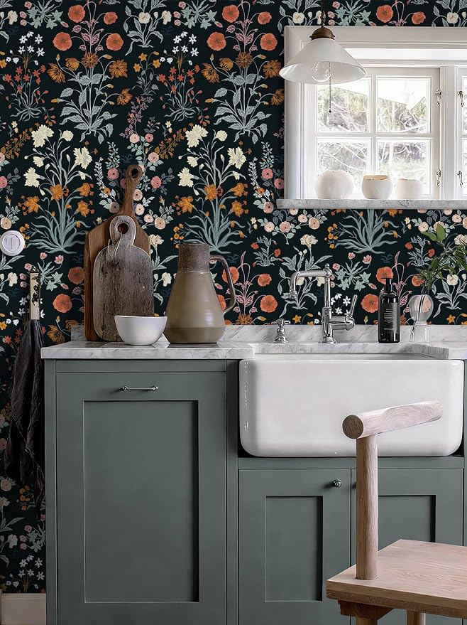 Floral Peel and Stick Wallpaper Vintage Wallpaper Dark Blue Wall Paper Wildflower Contact Paper for Cabinets Vinyl Renter Friendly Waterproof Self-Adhesive Bathroom Kitchen Bedroom 393"×17.3" - Image 3