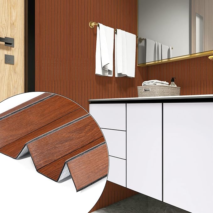 3D Faux Wood Slat Wall Panel – Peel and Stick Self Adhesive Soundproof Foam Board for Interior Wall, Ceiling, Home Theater Decor Faux Walnut 15.7"x118" - Image 2