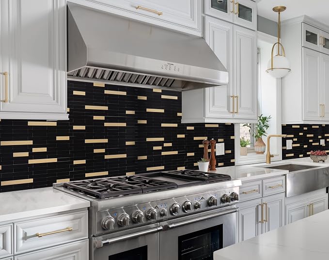 StyloVue 2 Sheets Peel and Stick Tile Backsplash, Black with Metal Gold Look Stick on Tile Upgrade Your Kitchen Backsplash, RV, Fireplace - Image 2