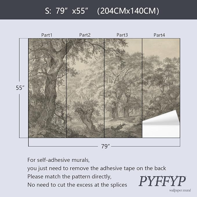 PYFFYP-Retro Forest Peel and Stick Wallpaper Natural Landscape Tree Mural | For bathroom bedroom,Self adhesive paper,79" x 55" - Image 5